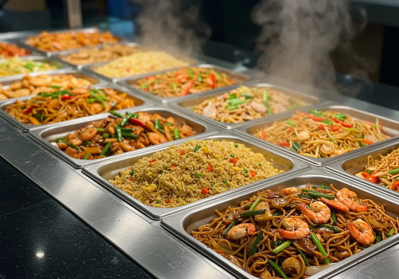 Hot dishes in steel serving trays on a buffet counter - fried rice, noodles and prawns